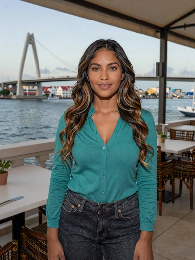 Dayana, 28, a sophisticated Curaçaoan woman at a waterfront restaurant in Willemstad