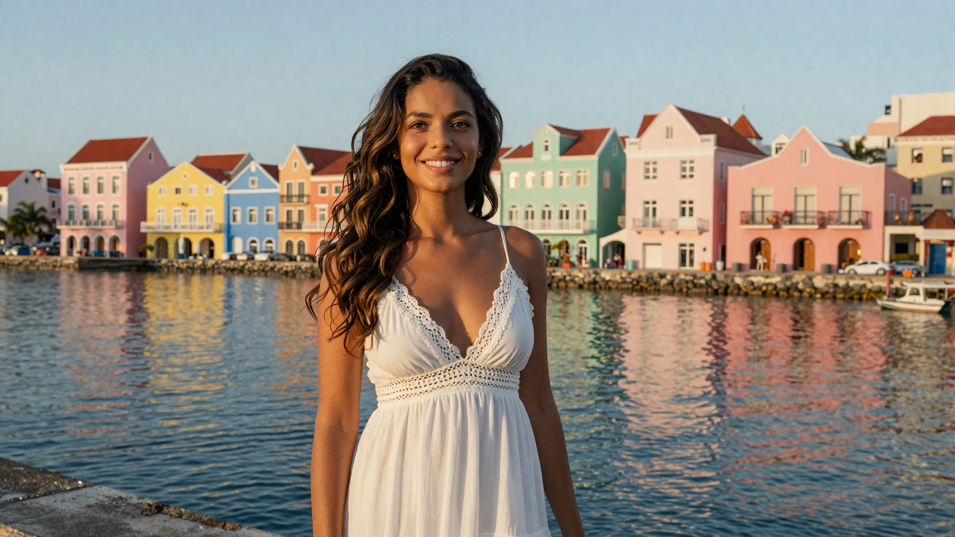Beautiful Dutch Antillean woman standing on the colorful Handelskade waterfront in Willemstad Curaçao