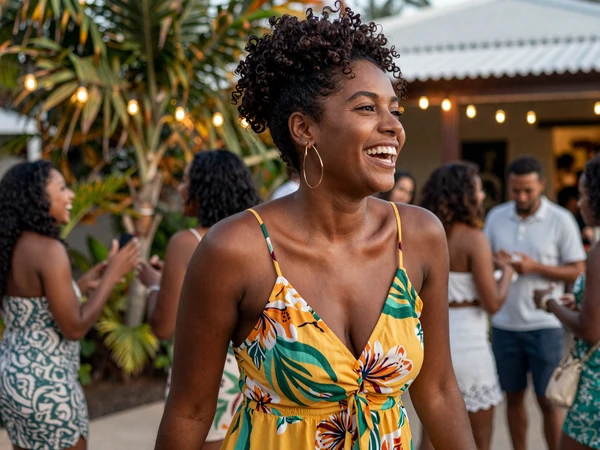 Joyful Trinidadian woman at an outdoor social gathering in the evening