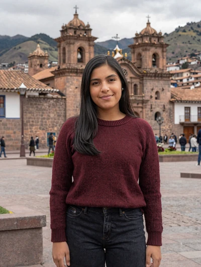 Jimena, 26, a lovely Peruvian woman from Cusco standing near Inca architecture