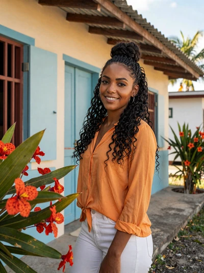 Simone, 26, a warm Grenadian woman near colorful traditional buildings in Gouyave