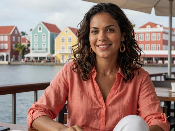 Dutch Antillean woman at a waterfront cafe with colorful Willemstad colonial buildings behind her
