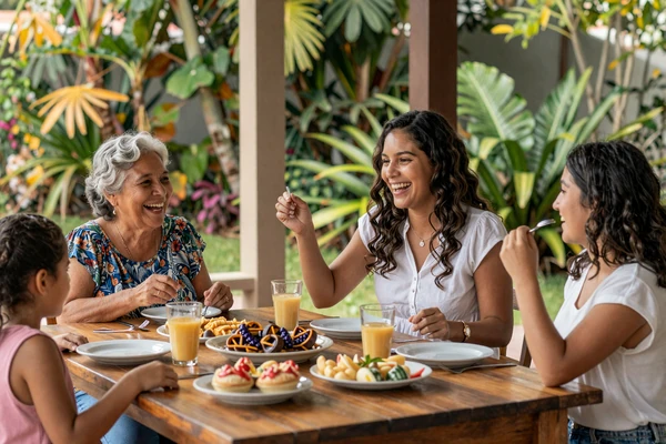 Multi-generational Latin American family sharing a meal together outdoors