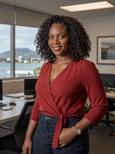 Keisha, 29, a confident professional Vincentian woman in a Kingstown office with harbor views