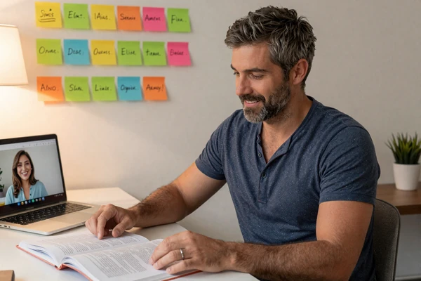 American man studying Spanish at home with sticky notes while video-calling a Latina woman