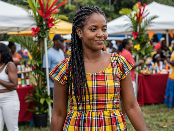 Saint Lucian woman in traditional Creole Madras dress celebrating Jounen Kwéyòl festival