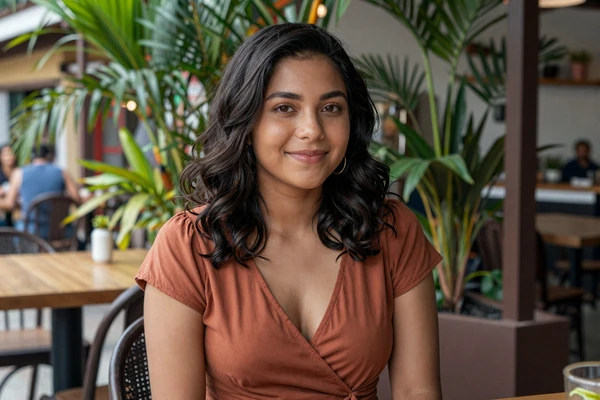 Salvadoran woman enjoying a casual moment at an outdoor café in San Salvador