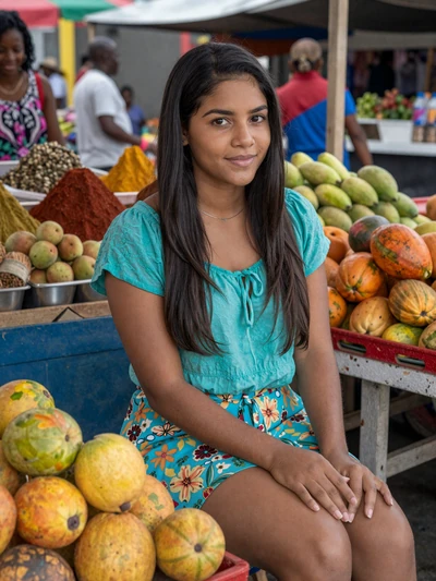Tessa, 23, a lovely Grenadian woman at a colorful spice market in Grenville