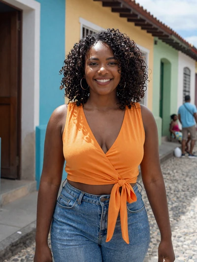 Keisha, 28, a vibrant Afro-Trinidadian woman from San Fernando smiling confidently
