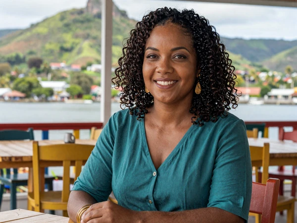 Grenadian woman enjoying a sunny afternoon at a waterfront cafe in St. George's