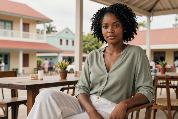 Elegant Barbadian woman enjoying coffee at a charming Bridgetown cafe