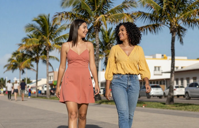 Two Dominican women friends walking on a sunny Santo Domingo promenade, showcasing the diversity of Dominican beauty