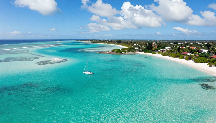 Stunning aerial view of Exuma Cays Bahamas with crystal clear turquoise waters and white sand bars