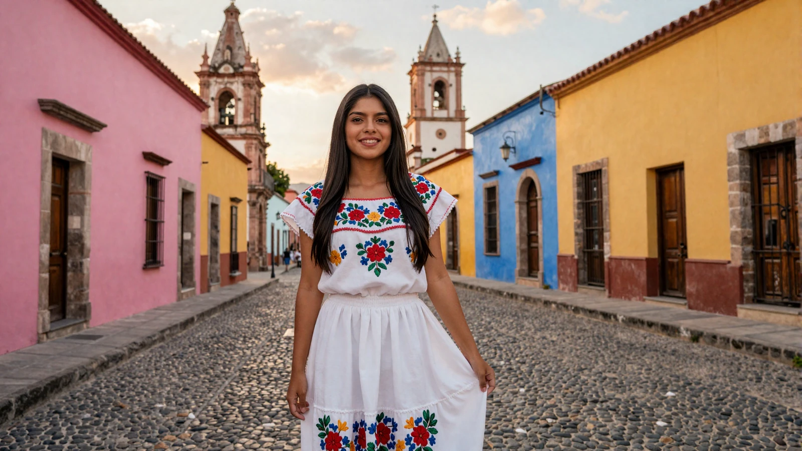 Beautiful Mexican woman smiling on a colorful colonial street in Guanajuato, Mexico