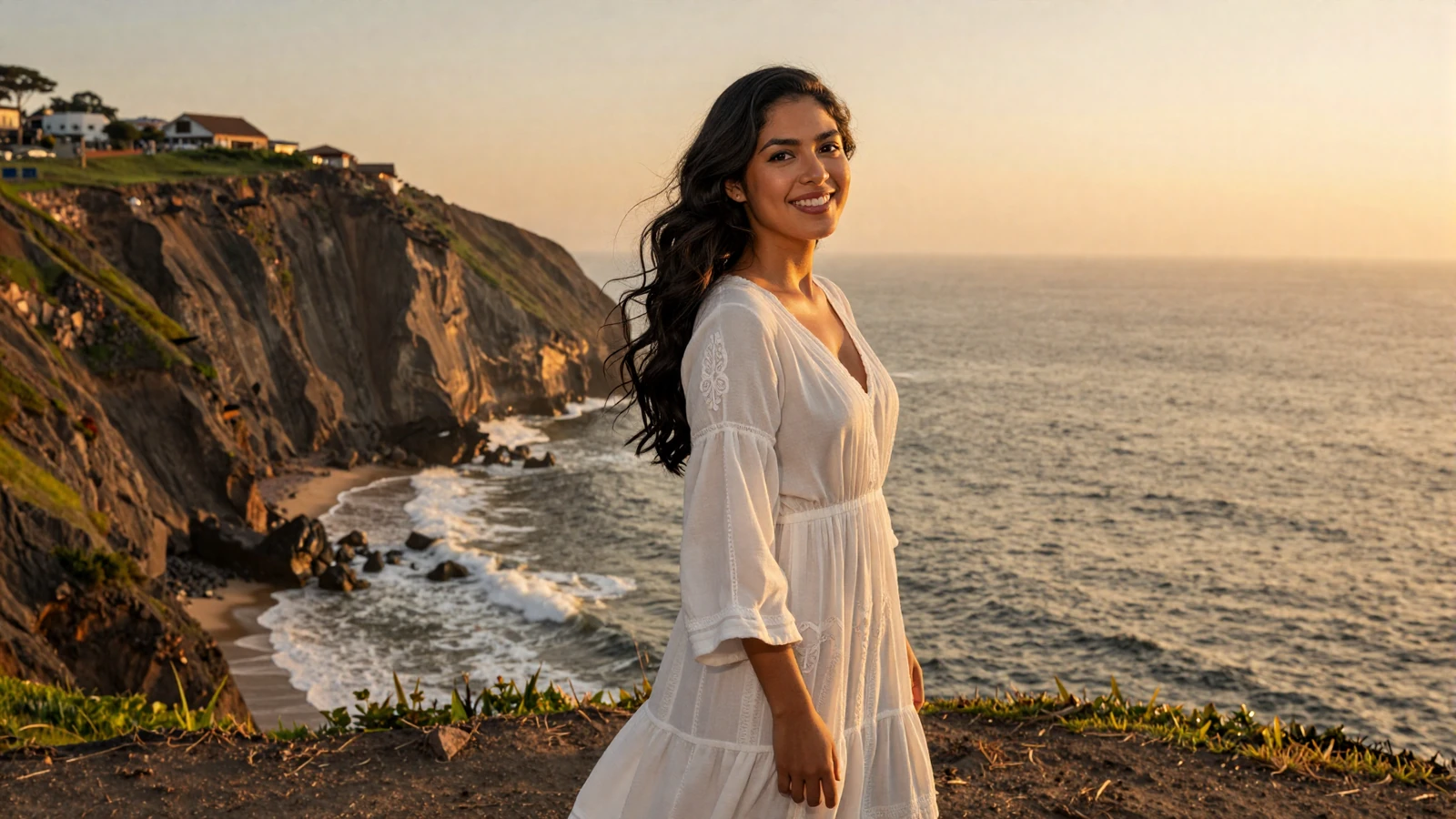 Beautiful Peruvian woman smiling at a scenic overlook in Lima with Pacific Ocean and Miraflores cliffs in background