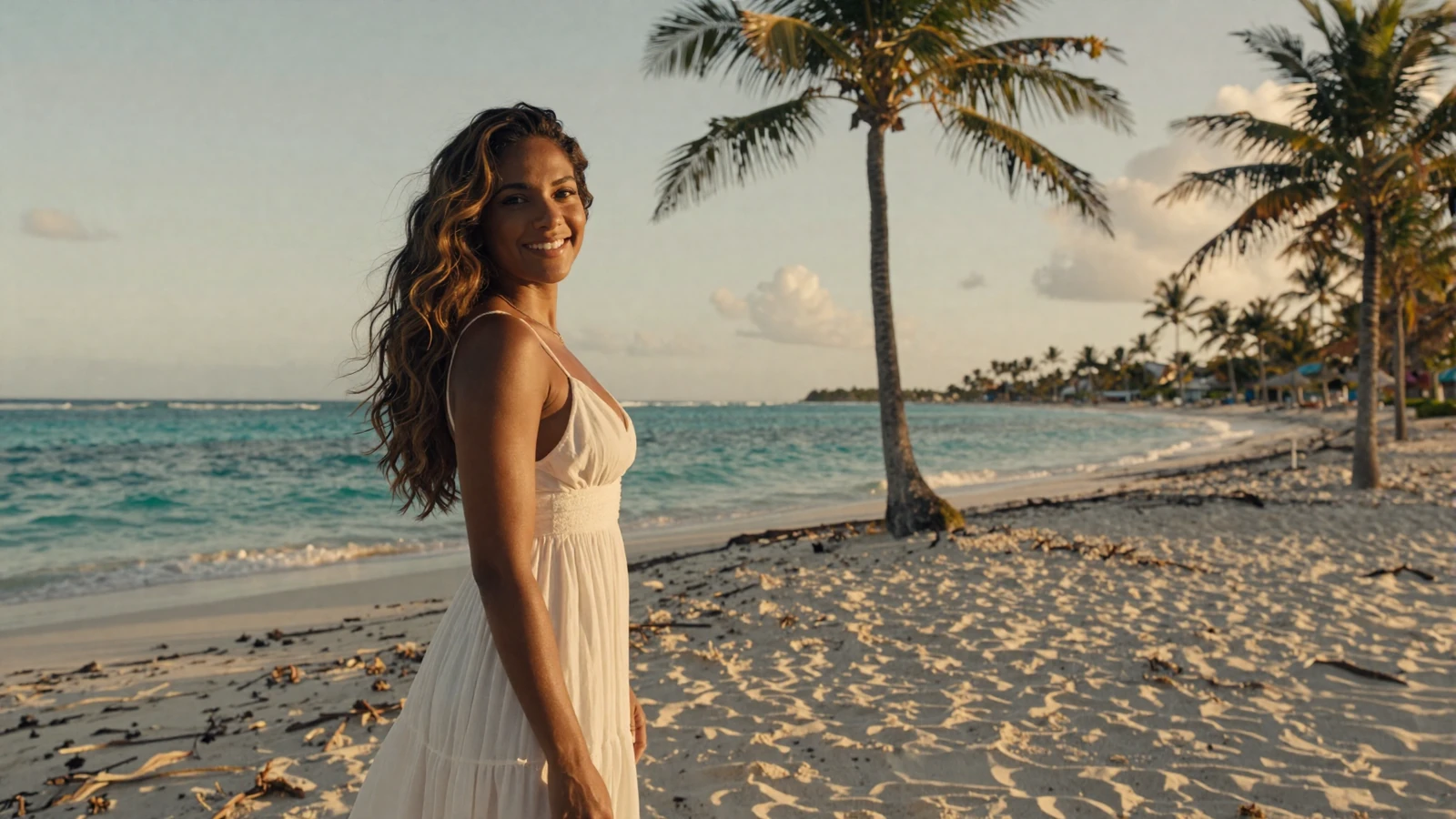 Beautiful Dominican woman smiling on a Caribbean beach in Punta Cana with turquoise water and palm trees
