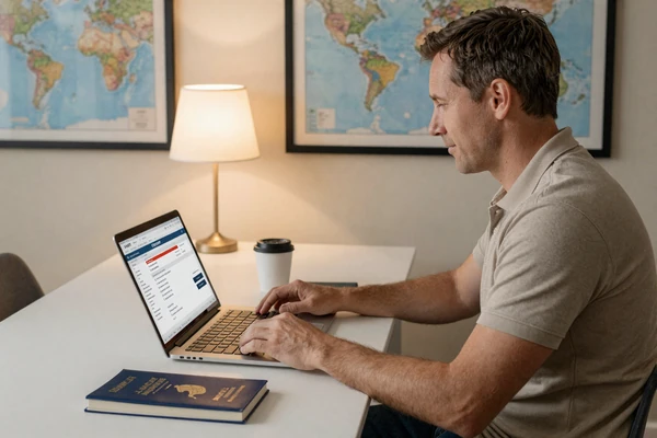 American man planning his first trip to Latin America, booking flights on laptop with passport and travel guide on desk