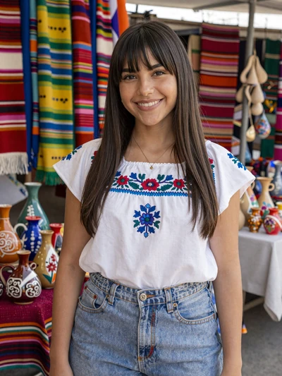 Thalía, 25, a beautiful Mexican woman from Oaxaca wearing traditional embroidered blouse