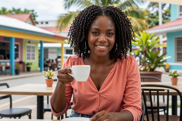 Jamaican woman enjoying Blue Mountain coffee at a colorful outdoor cafe in Kingston Jamaica