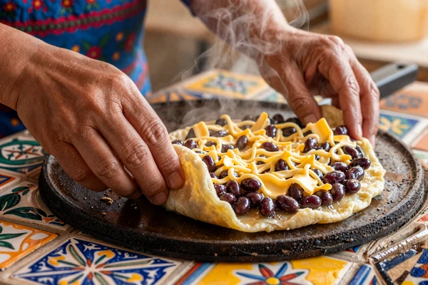 Traditional Salvadoran pupusas being handmade on a comal griddle in a warm kitchen