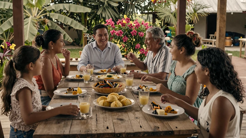 Traditional Honduran family gathering around a table with local food in a tropical garden setting