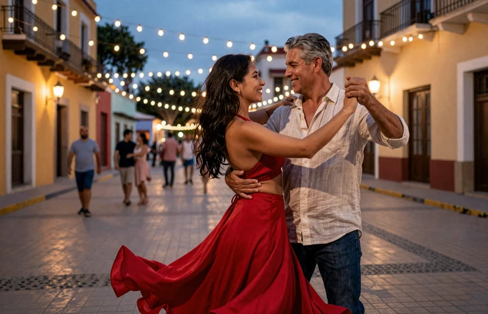 American man and Latina woman dancing salsa together on a vibrant Latin American street