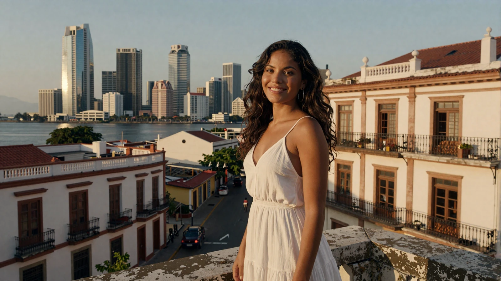 Beautiful Panamanian woman smiling on a Casco Viejo rooftop terrace with Panama City modern skyline at sunset
