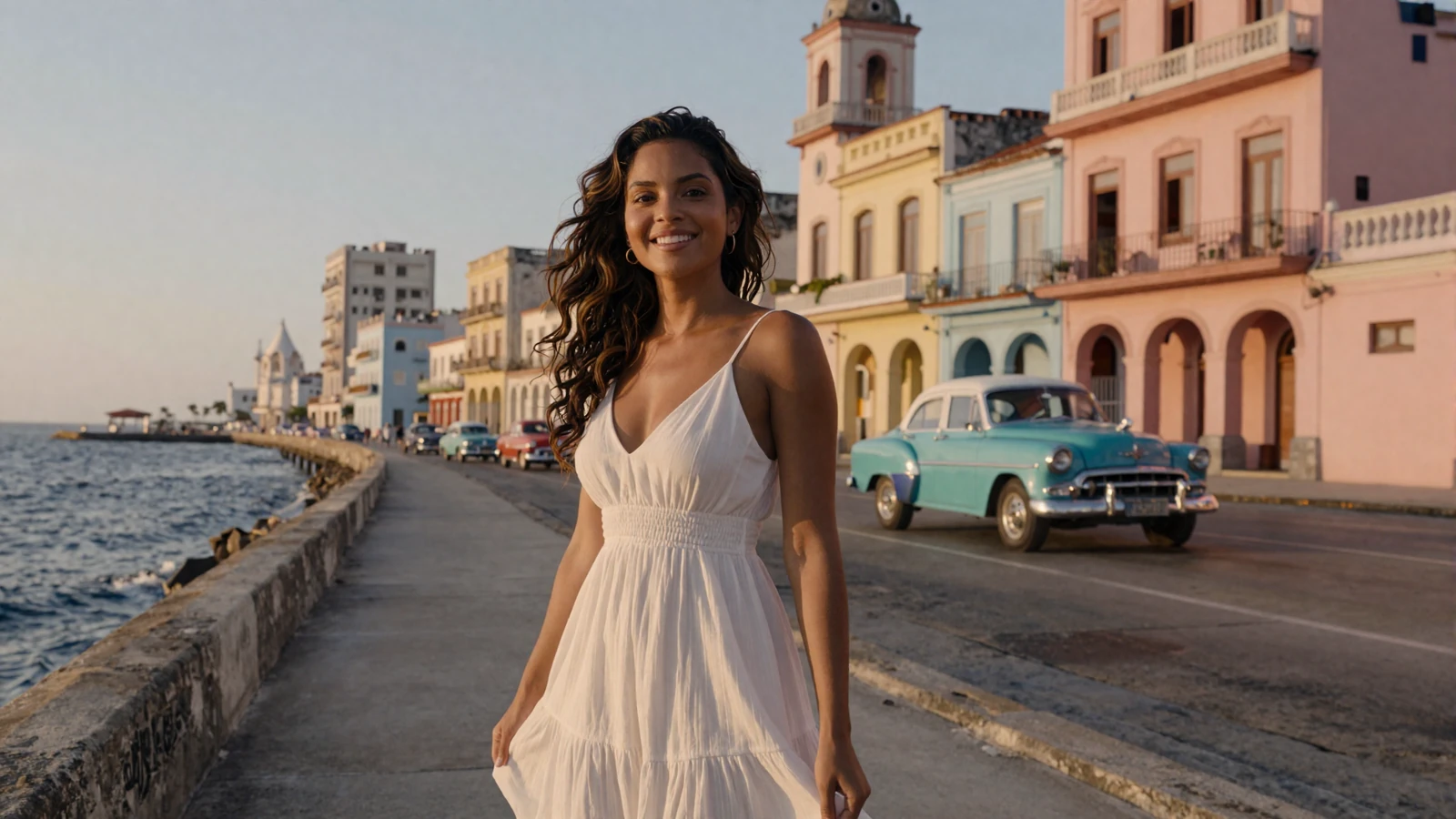 Beautiful Cuban woman smiling on the Malecón seafront in Havana Cuba with vintage cars and colorful buildings