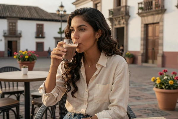 Ecuadorian woman enjoying hot chocolate at a charming outdoor café in Quito's colonial center