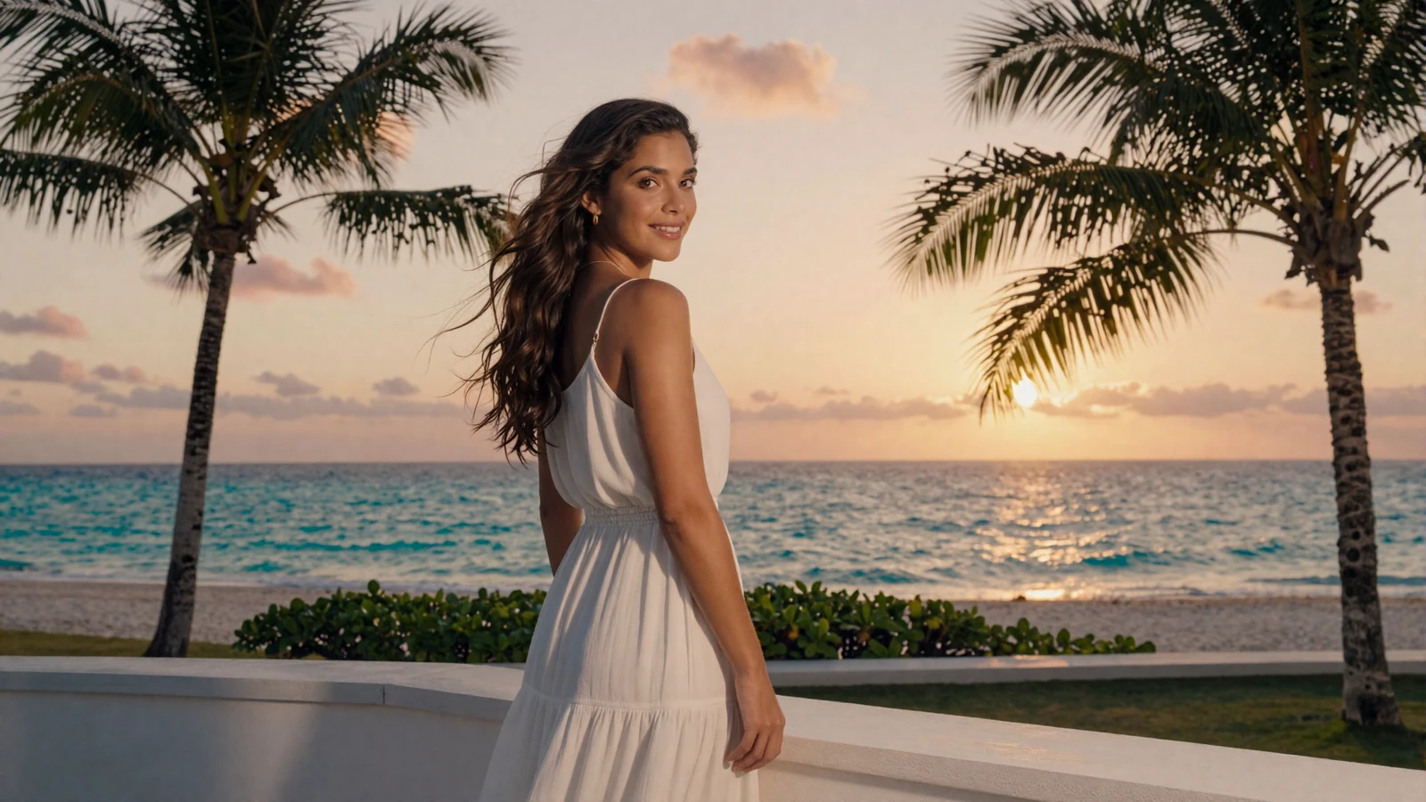 Beautiful Latin woman on a tropical beach at sunset, ready for international dating