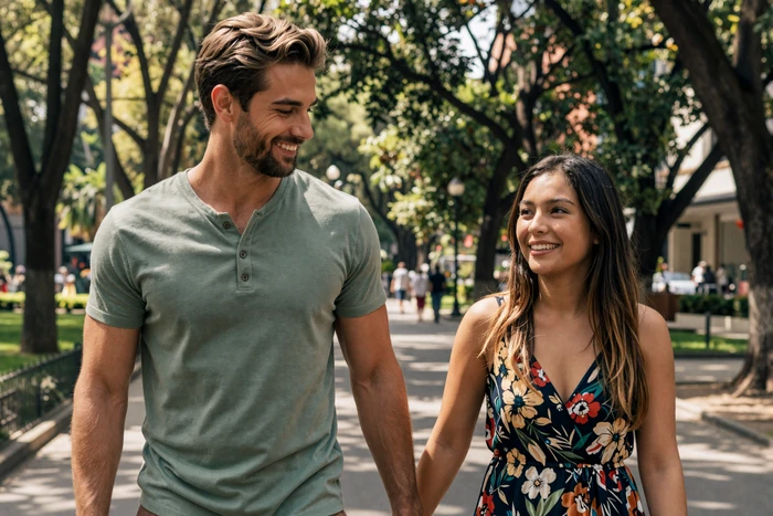 James and Andrea walking hand in hand through Chapultepec Park in Mexico City