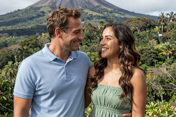 American man and Costa Rican woman at a viewpoint overlooking Arenal Volcano in Costa Rica
