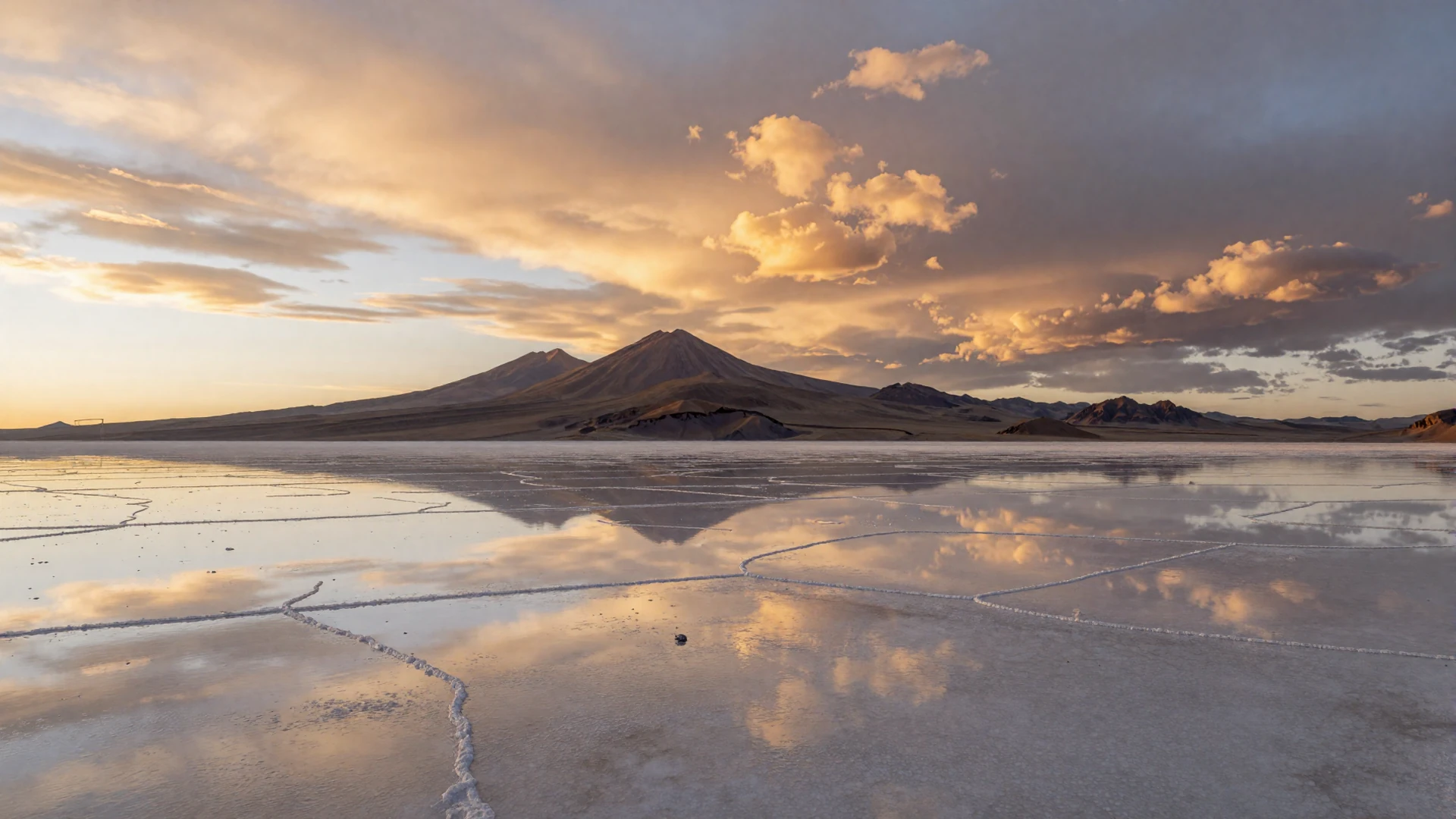Stunning Salar de Uyuni salt flats in Bolivia at sunset with Andean mountains