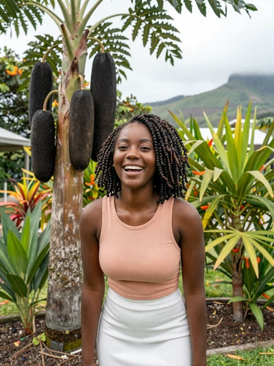 Aisha, 26, a joyful Vincentian woman laughing in the Botanical Gardens in Kingstown