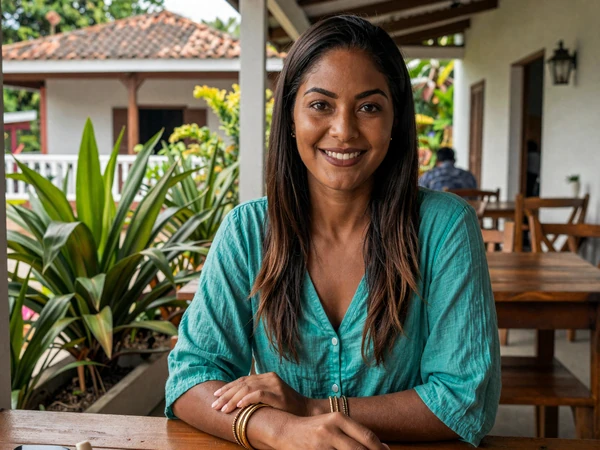 Indo-Guyanese woman enjoying a sunny day at a Georgetown outdoor cafe