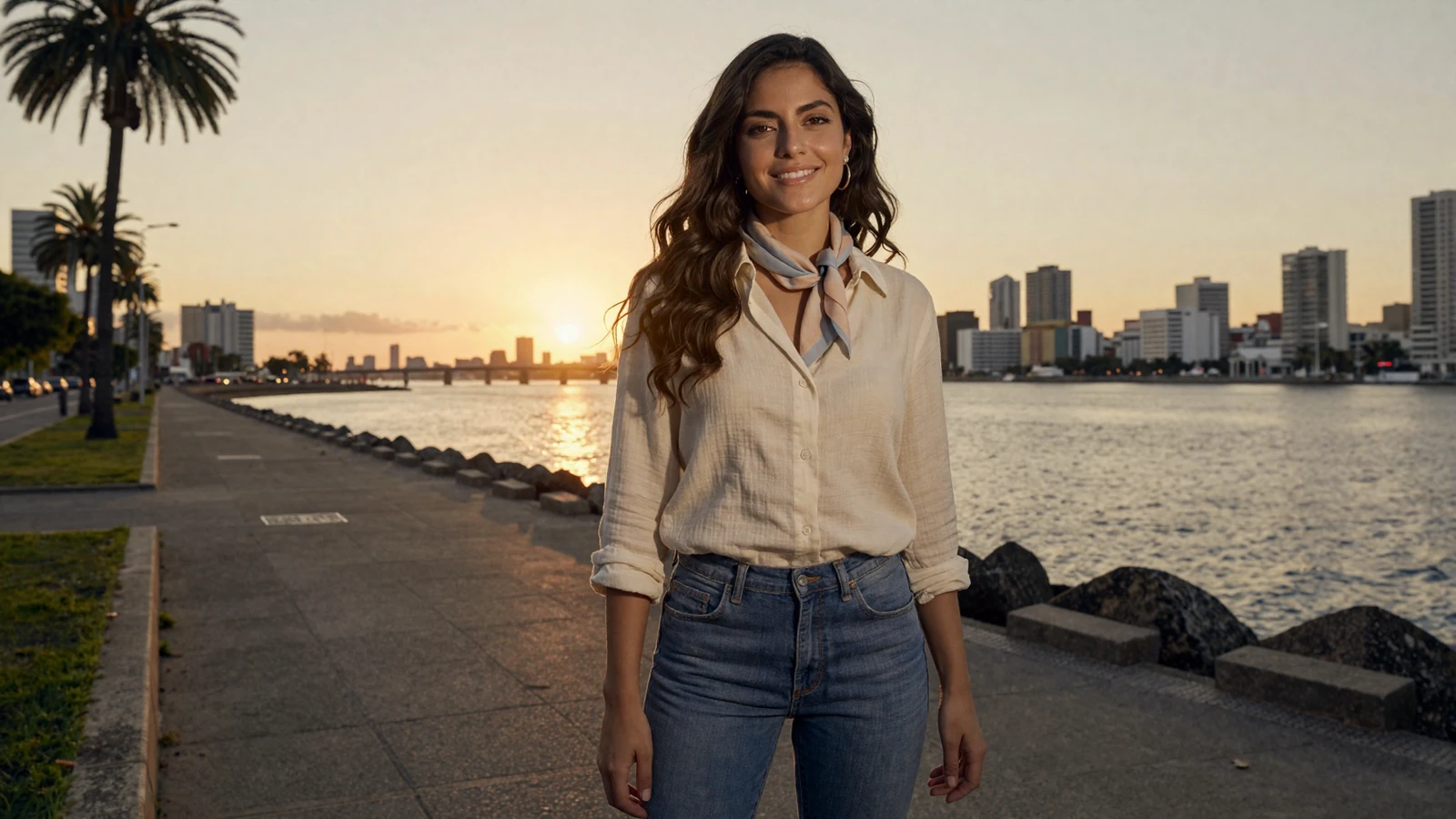 Elegant Uruguayan woman smiling on the scenic Rambla waterfront promenade in Montevideo at sunset