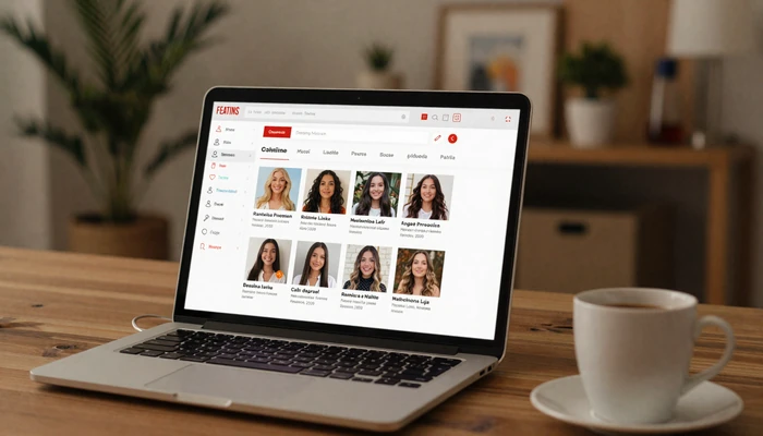 Modern dating platform interface showing profiles of verified Latin women on a laptop