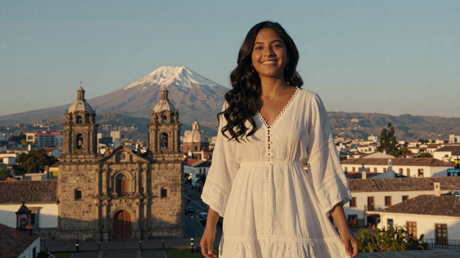 Beautiful Ecuadorian woman smiling at a scenic overlook in Quito with Andes mountains and colonial church domes in the background