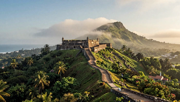 Scenic view of Citadelle Laferrière fortress in Haiti surrounded by lush green mountains with Caribbean coast in distance