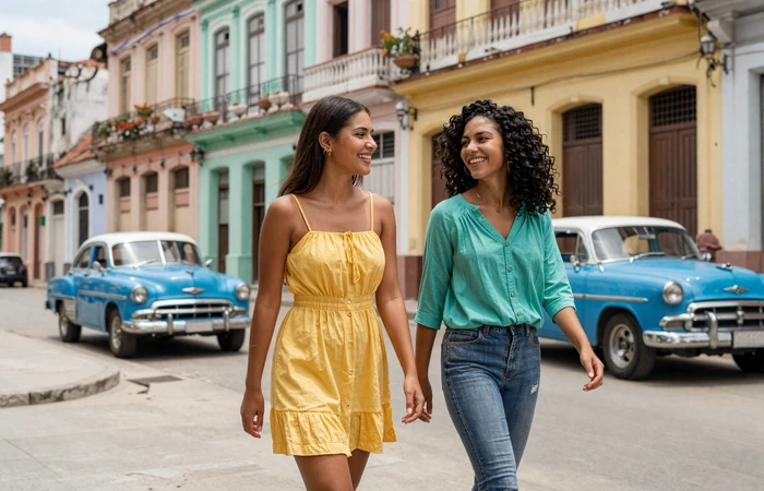 Two Cuban women friends walking through a colorful Havana street, showcasing the diversity of Cuban beauty