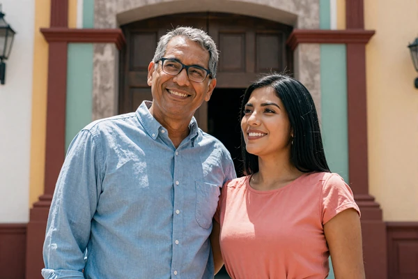 Robert and Daniela posing in front of a colorful Mexican church