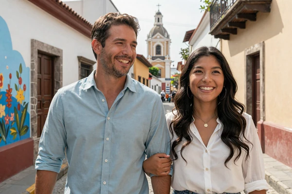 American man and Peruvian woman walking arm in arm through the colorful Barranco district of Lima