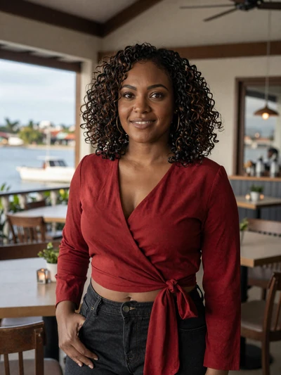 Natasha, 29, a confident professional Grenadian woman in a St. George's cafe