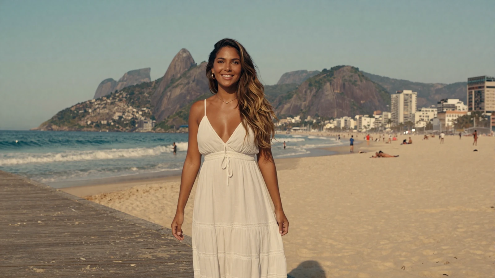 Beautiful Brazilian woman smiling on Copacabana beach boardwalk in Rio de Janeiro with Sugarloaf Mountain in background