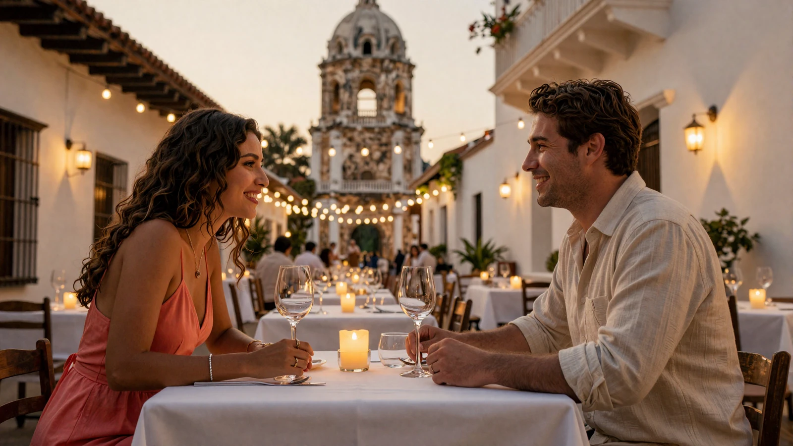 American man and Latina woman enjoying a romantic dinner in a Latin American city