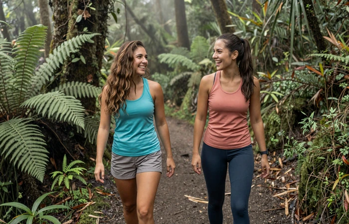 Two Costa Rican women friends hiking together through a lush cloud forest trail