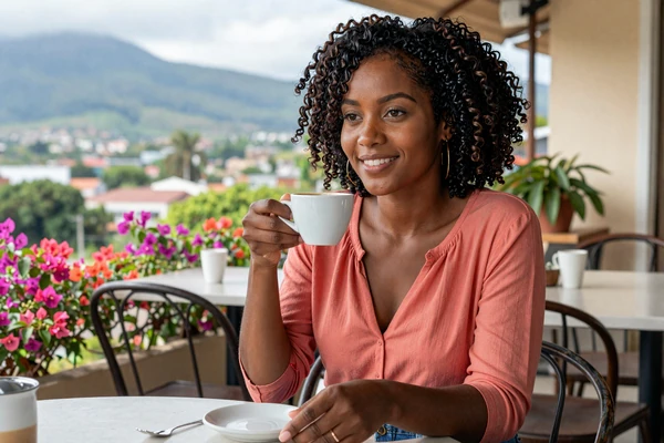 Haitian woman enjoying coffee at an outdoor cafe in Pétion-Ville Haiti with mountain views and bougainvillea