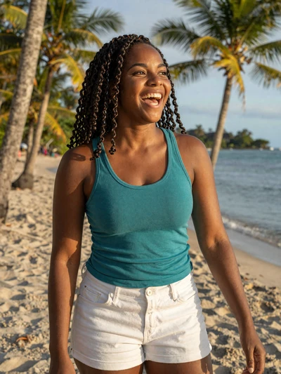 Gabrielle, 28, a joyful Saint Lucian woman laughing on Reduit Beach in Gros Islet