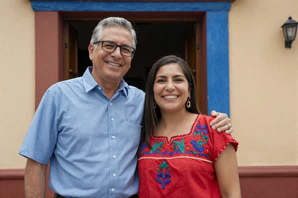 James and Rosa, an American-Mexican couple smiling at a colorful hacienda