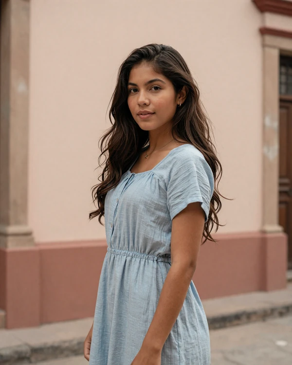 Beautiful Nicaraguan woman smiling in front of colorful colonial architecture in Granada